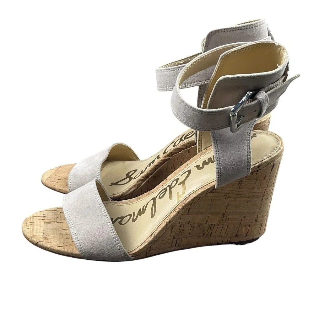 Sam Edelman Women Light Gray Suede Cork Wedge Sandals Size 6.5 Ankle Strap Shoes
